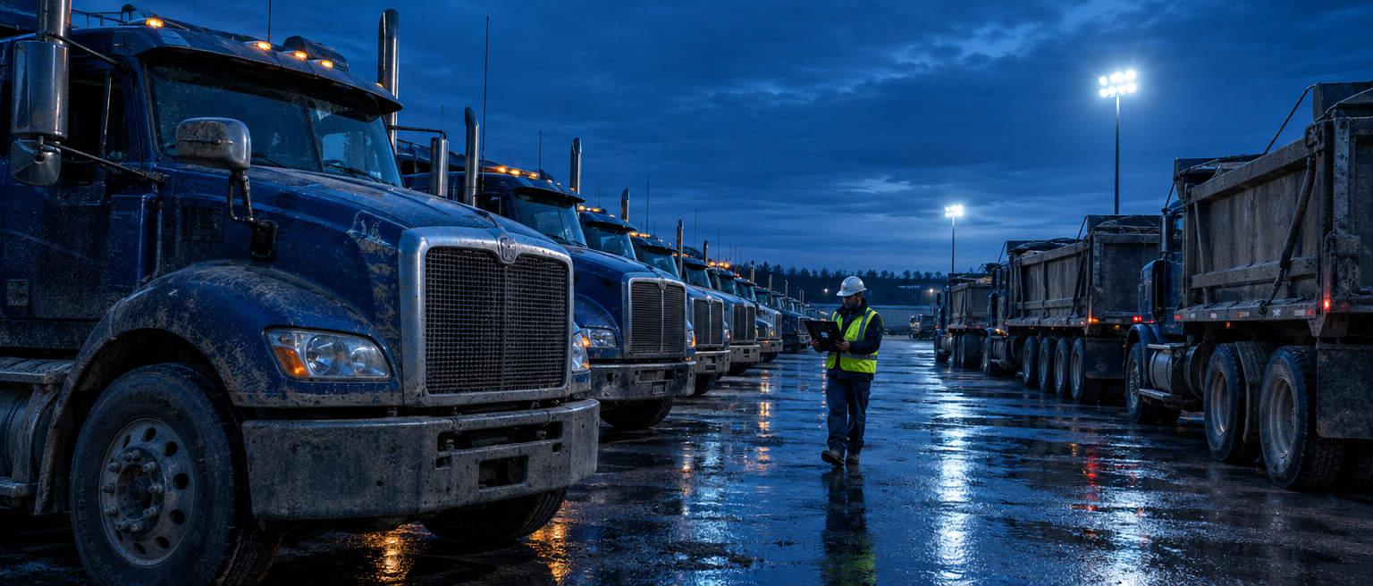 Heavy trucks parked in a fleet yard at dusk, lined up for pre-trip inspections
